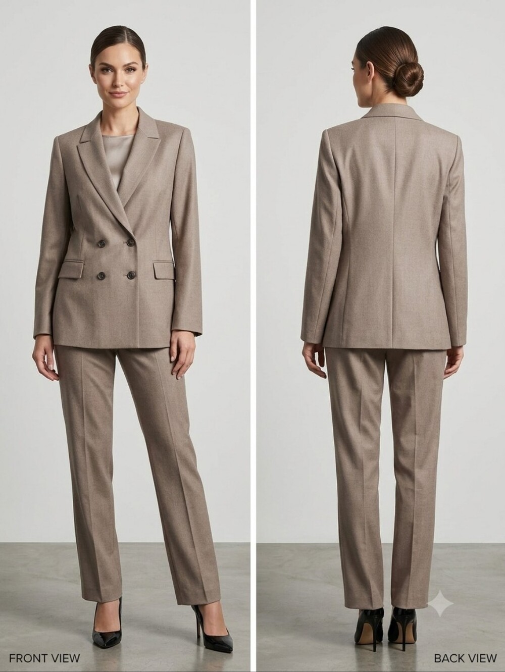 Tahari ASL Double-Breasted Taupe Pant Suit Jacket Set.